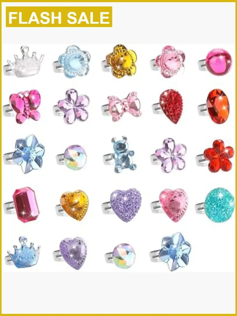 24 Pcs Adjustable Crystal Rings with Heart Box Dress Up Jewelry Girls Set